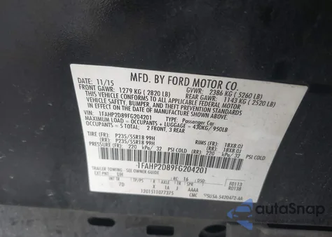 2015 Ford Taurus Se из США, поврежденный, VIN 1FAHP2D89FG204201